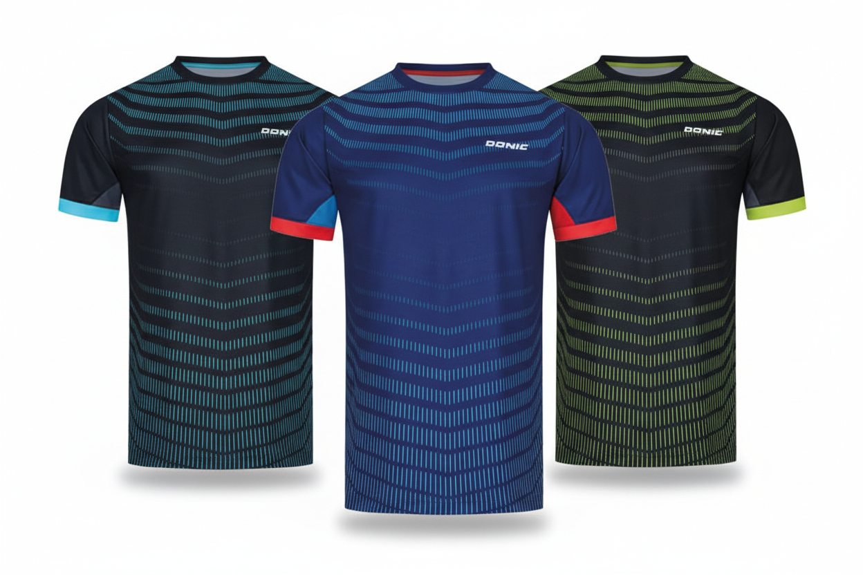 DONIC Nexis shirts naast elkaar - verbeterde mouwen